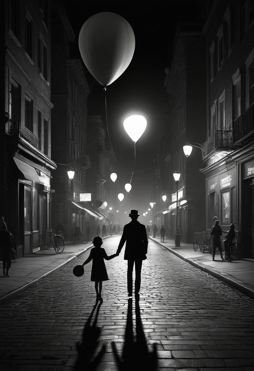 A mysterious cityscape at night, illuminated by dim streetlights and shadows, with candid moments of people captured in action: a street performer, a couple laughing, and a child chasing after a balloon. Overlaying this scene is the subtle inclusion of surveillance cameras and computer screens showcasing snippets of surveillance footage. Use a noir cinematic style with vibrant lights contrasted against deep shadows. 3D. super-realistic.