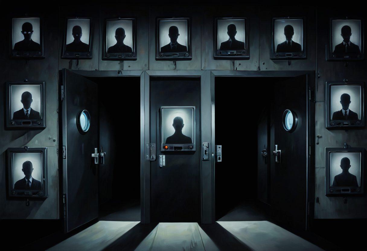 An abstract representation of shadowy figures peering through keyholes, intertwined with CCTV footage screens showing various mundane activities, all framed by a dark, mysterious aura. The image should convey intrigue and the psychological depth of surveillance, with subtle hints of eyes and faces emerging from the shadows. painting. dark tones. eerie and captivating. surreal elements.